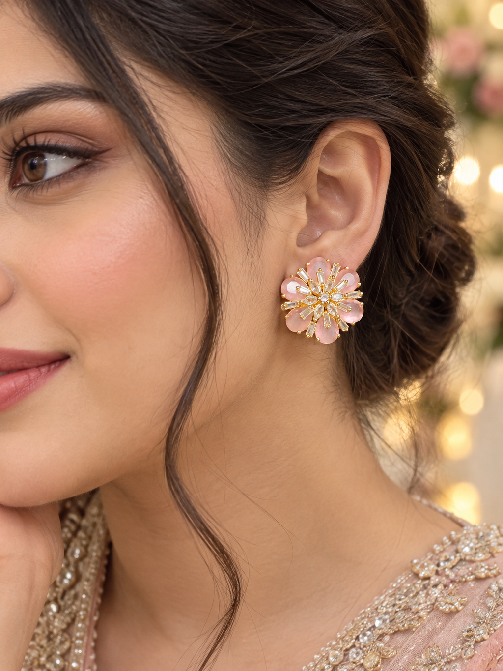 Blush Pink Floral Crystal Stud Earrings | Gold-Tone Statement Earrings