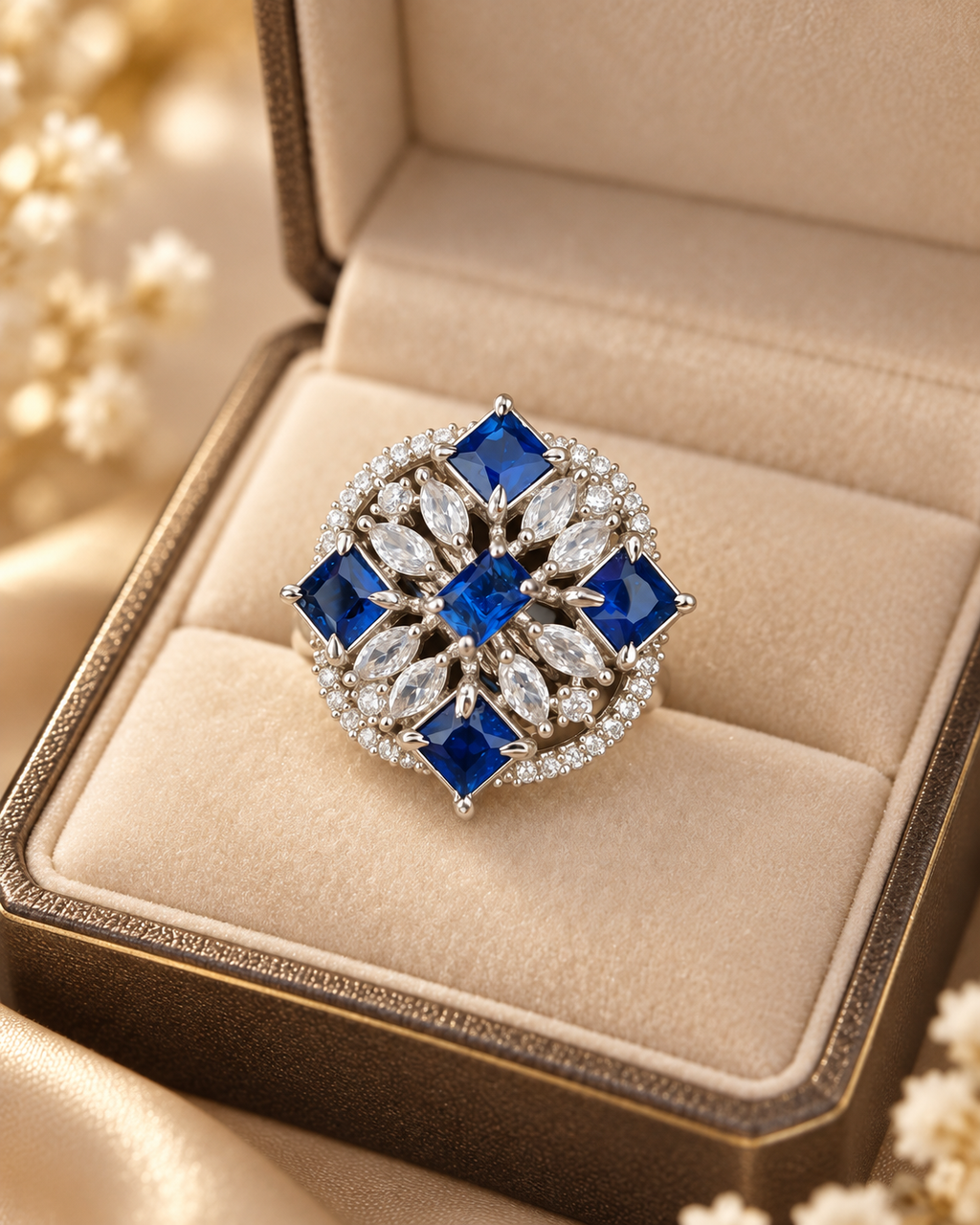 Royal Blue Crystal Statement Ring | Silver-Tone Floral Halo Design
