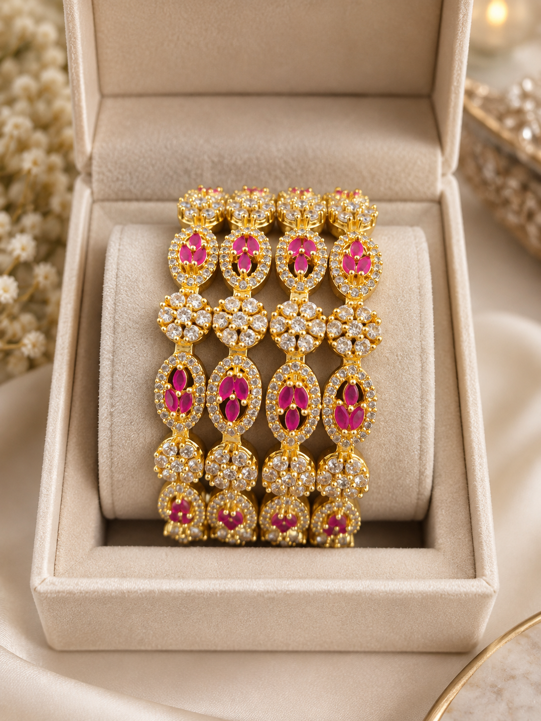 Ruby Pink & Crystal Gold-Tone Bangles | Luxury Bridal Stackable Bracelet Set