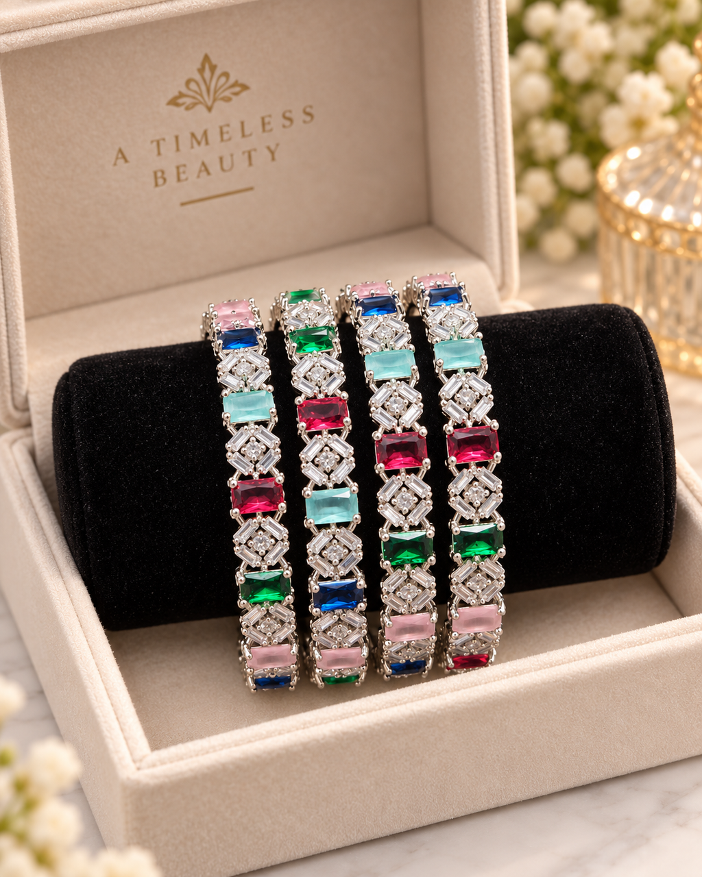 Silver multi-colour 4-piece bangle set in jewellery box