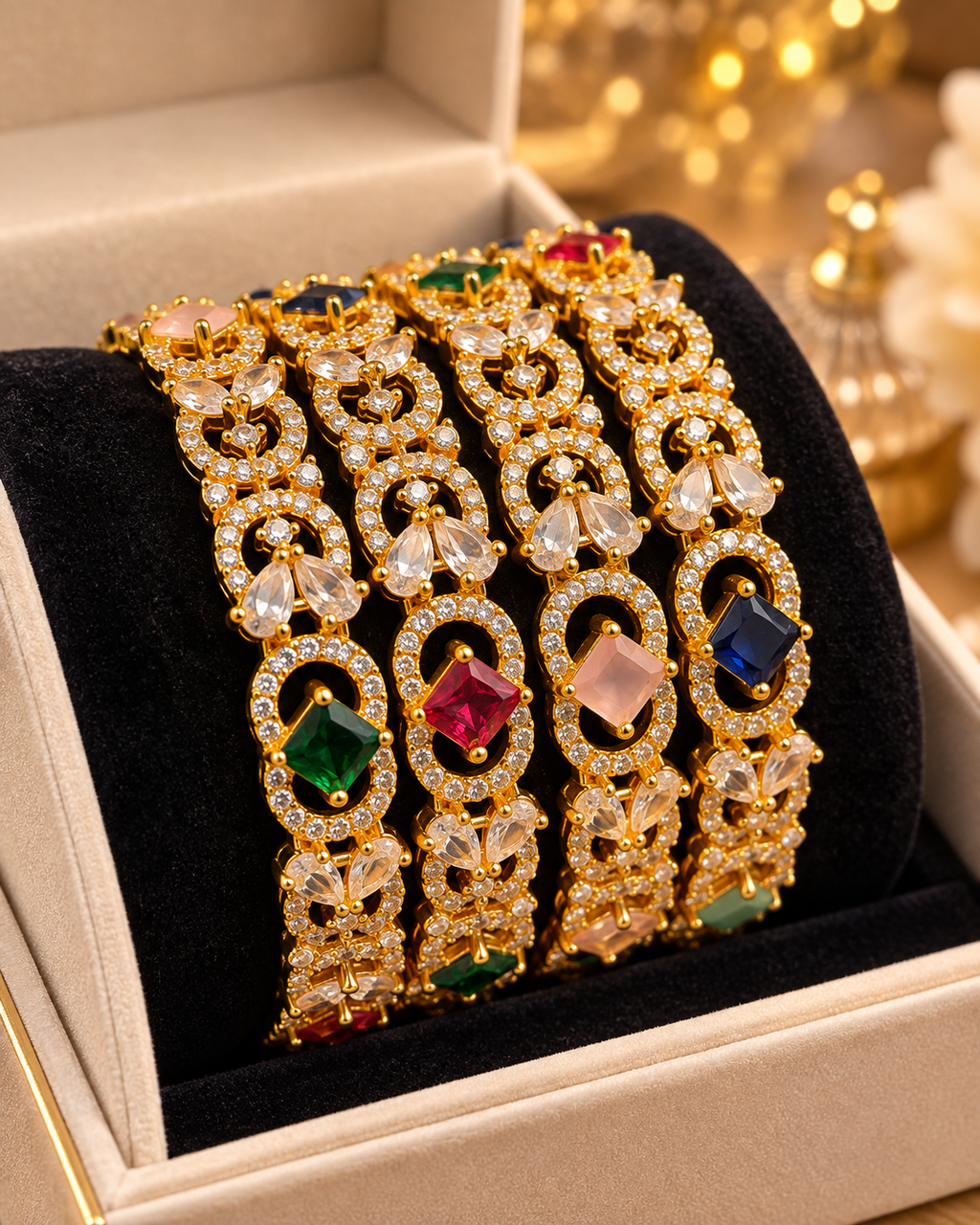 Gold multi-colour bangles close up