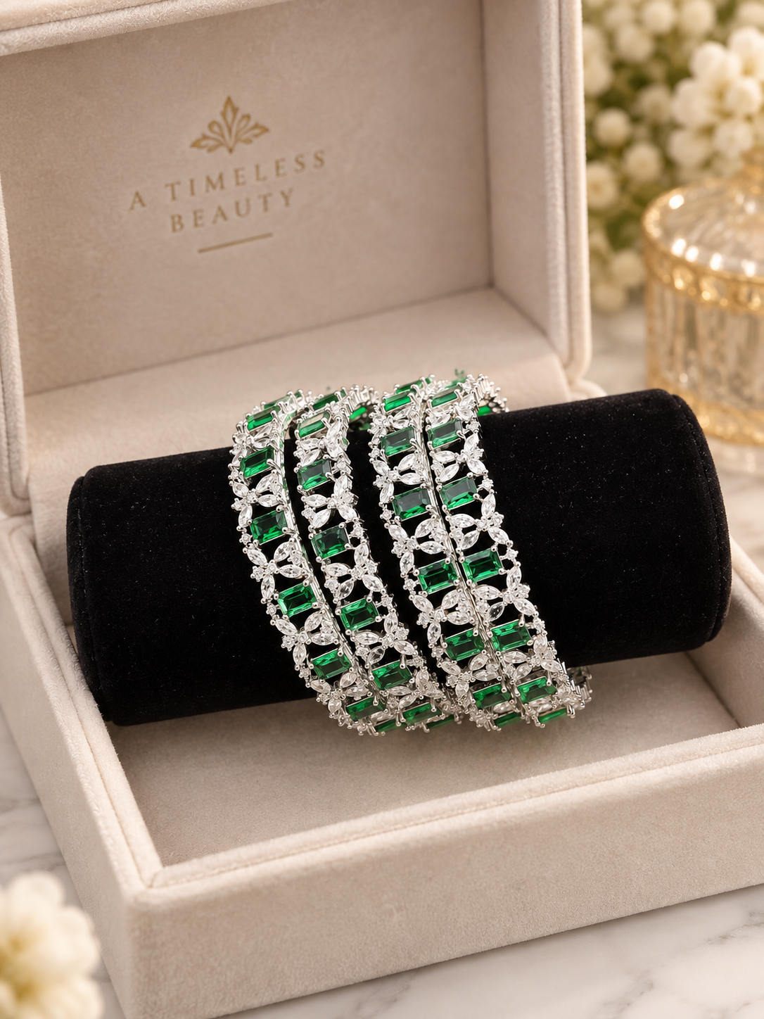 Emerald Green Crystal Bangles | Silver-Tone Leaf Design Bracelet Set