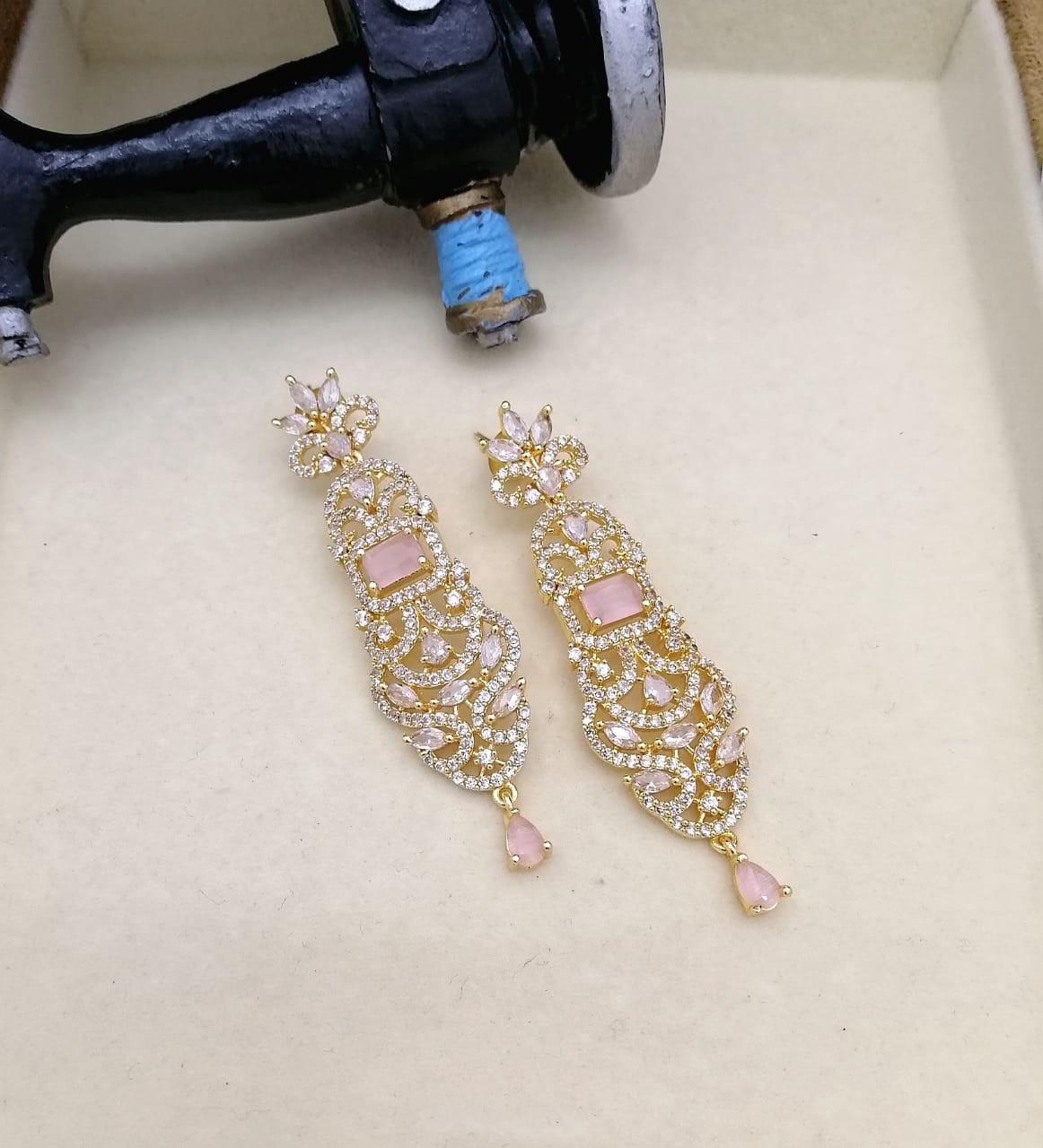 Blush Pink & Gold Crystal Long Drop Earrings 026