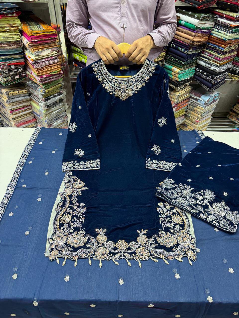 Pure Velvet 3-Piece Embroidered Suit | Thread & Sequence Work | Velvet Plazo + Chiffon Dupatta 2316
