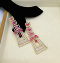 Luxury Pink Crystal Geometric Drop Earrings | Gold-Tone Statement Earrings