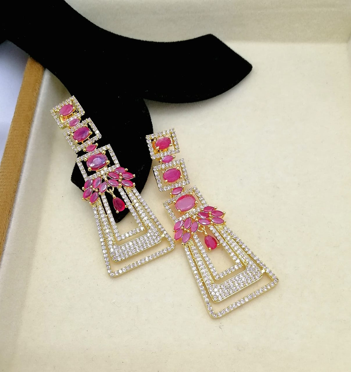 Luxury Pink Crystal Geometric Drop Earrings | Gold-Tone Statement Earrings