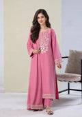 Full-length pink ivory-embroidered three-piece winter suit with shawl