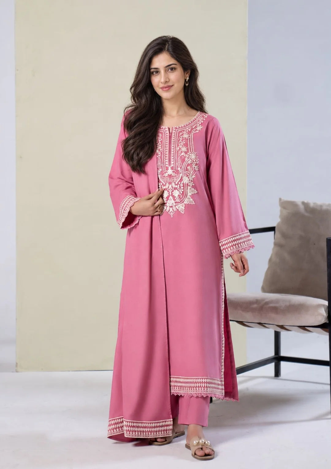 Full-length pink ivory-embroidered three-piece winter suit with shawl