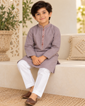 Boys’ Dusty Mauve Embroidered Kameez & Pajama Set – 6–7 Years