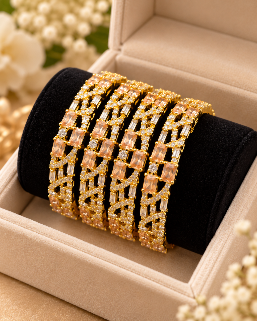 Gold champagne woven bangle set in jewellery box