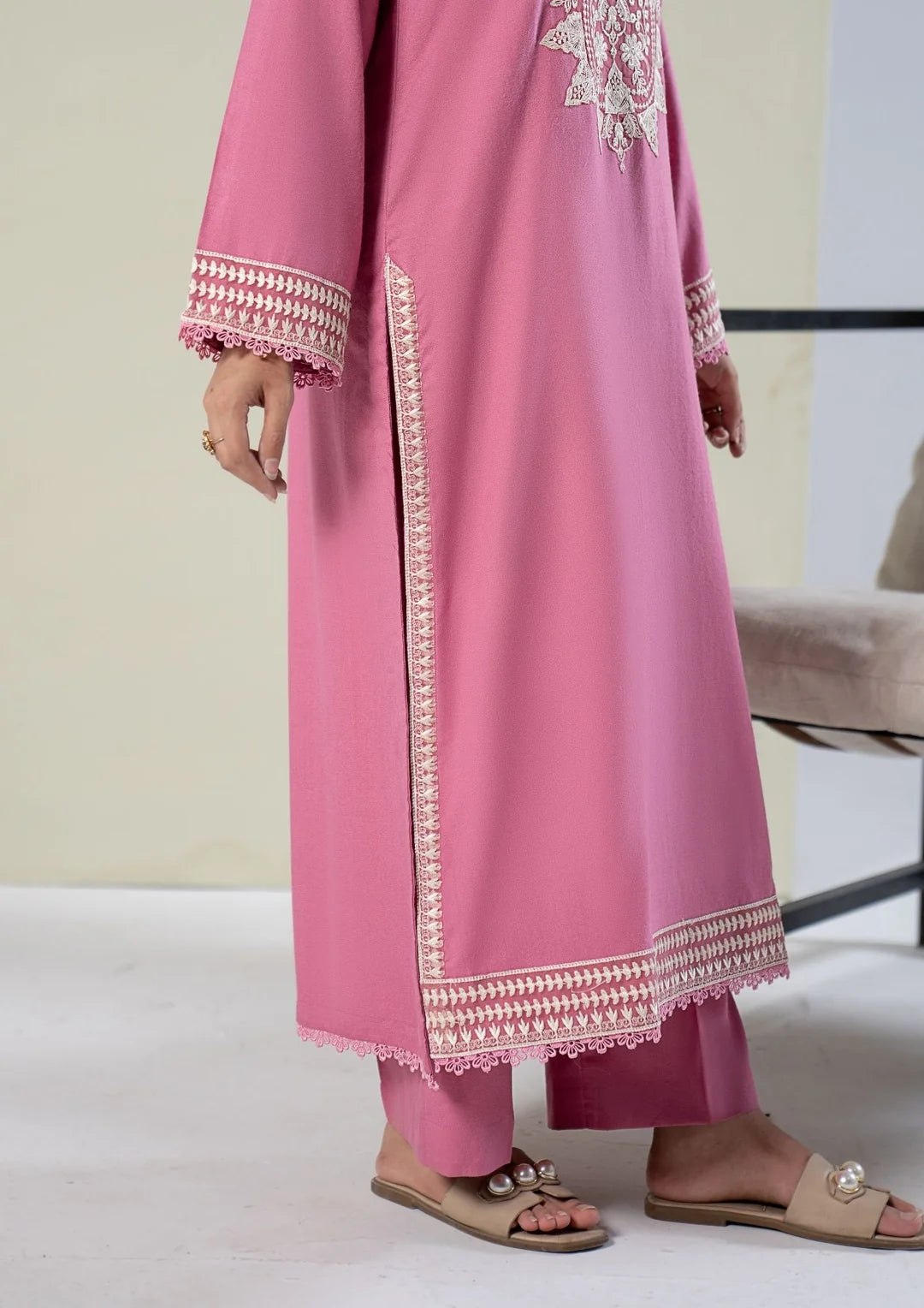 Pink shirt and shawl border detailing with matching trousers