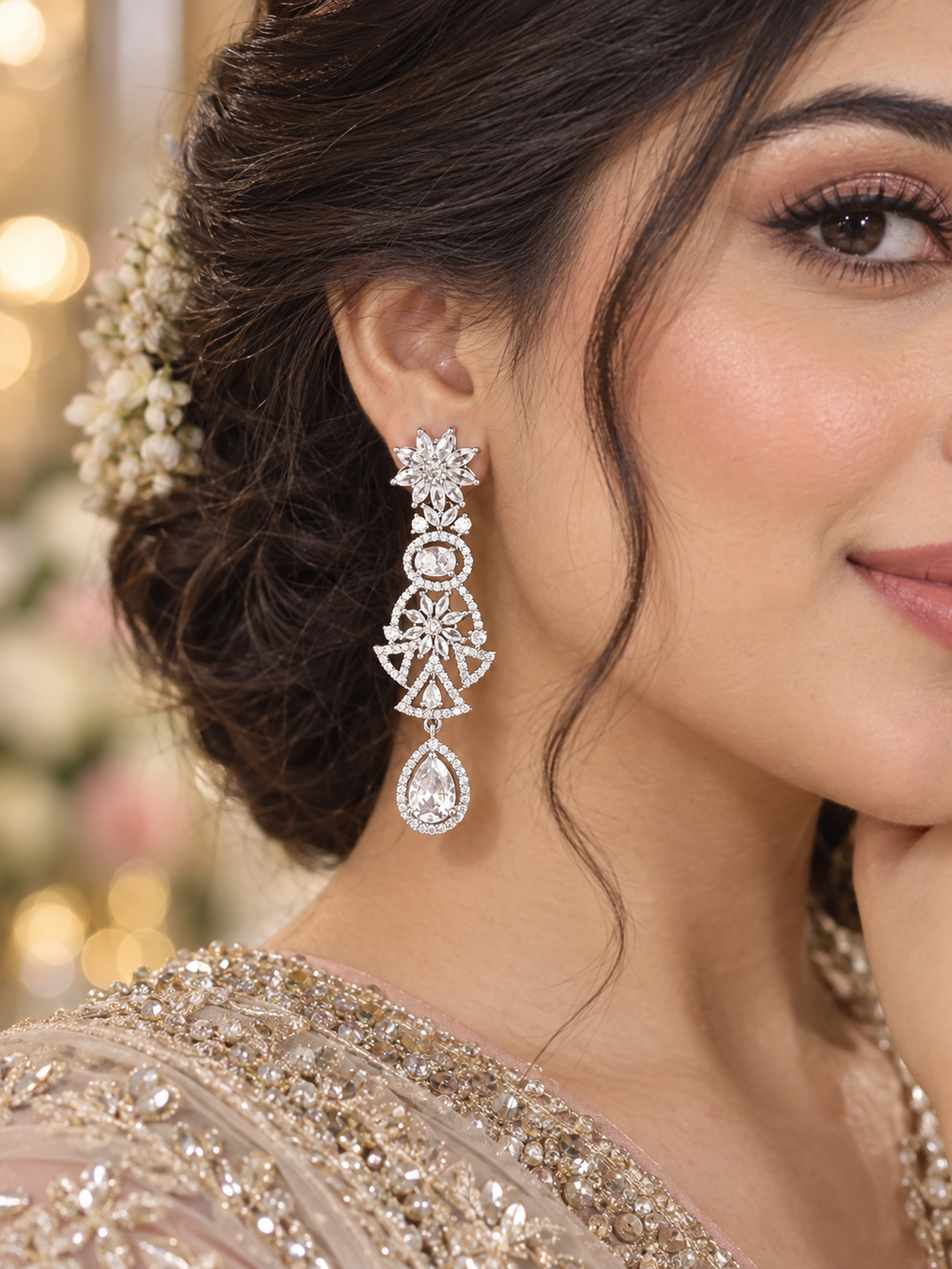 Luxury Silver Crystal Statement Drop Earrings | Elegant Party Wear Earrings