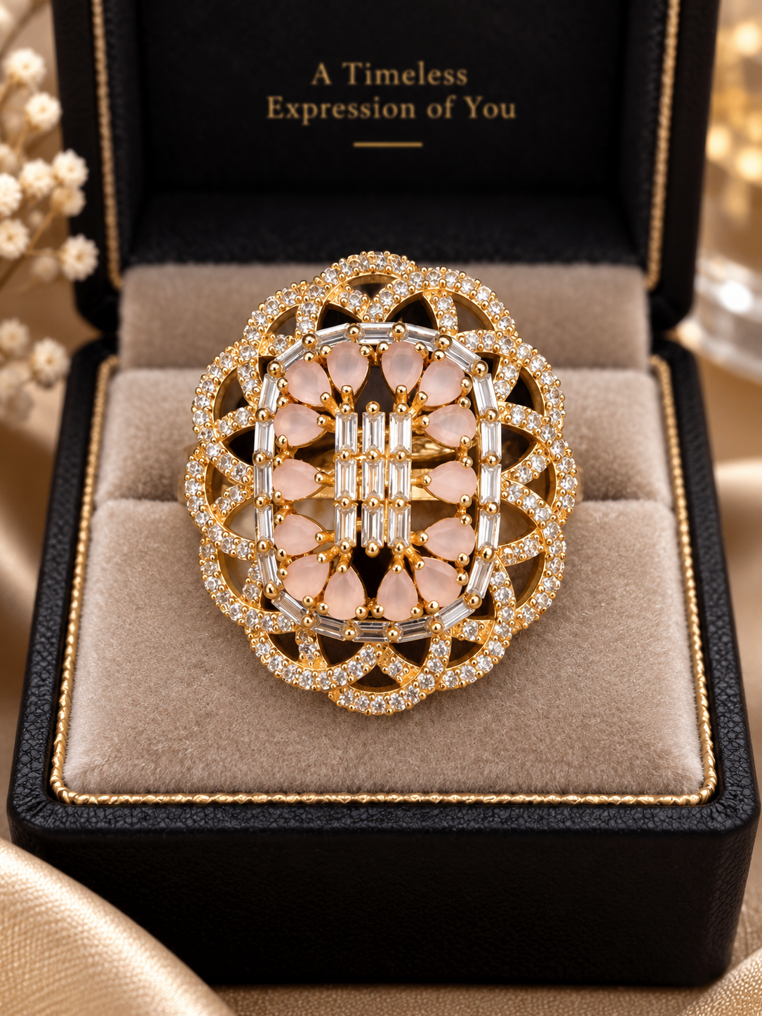 Blush Pink Crystal Statement Ring | Gold-Tone Floral Cocktail Ring