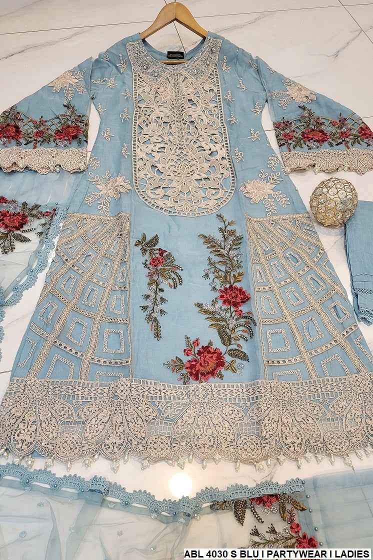 Sky Blue Luxury Organza Cutwork 3pc Party Wear - Embroidered Net Dupatta with Grip Trouser