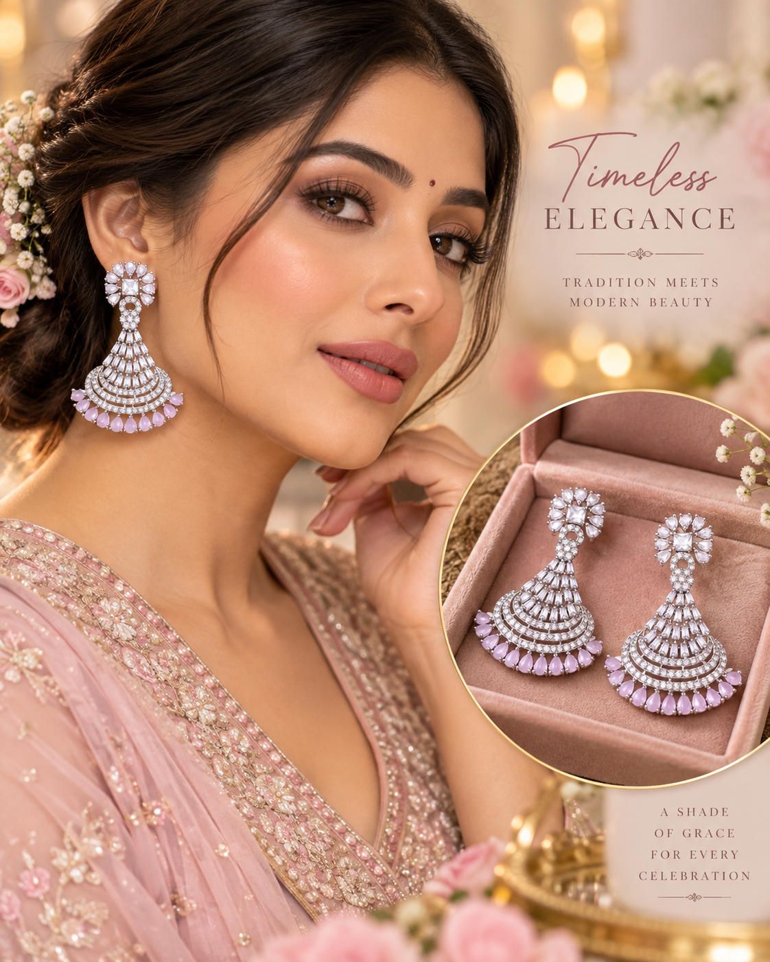 Silver & Blush Pink Crystal Jhumka Drop Earrings 025