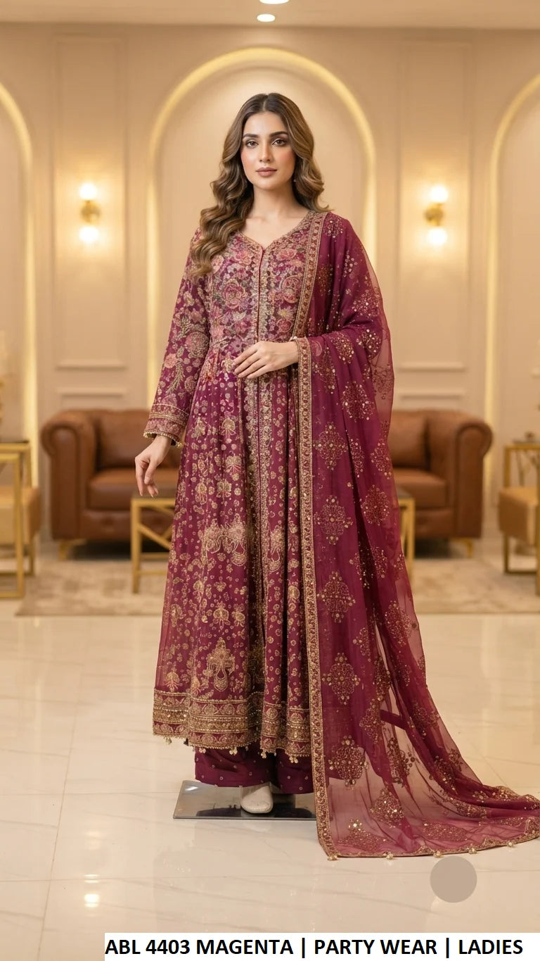 3pc Chiffon Embroidered Long Maxi Formal Dress 5264 MAGENTA