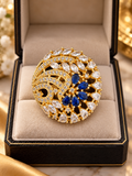 Royal Blue & Clear Crystal Statement Ring | Gold-Tone Floral Cocktail Ring