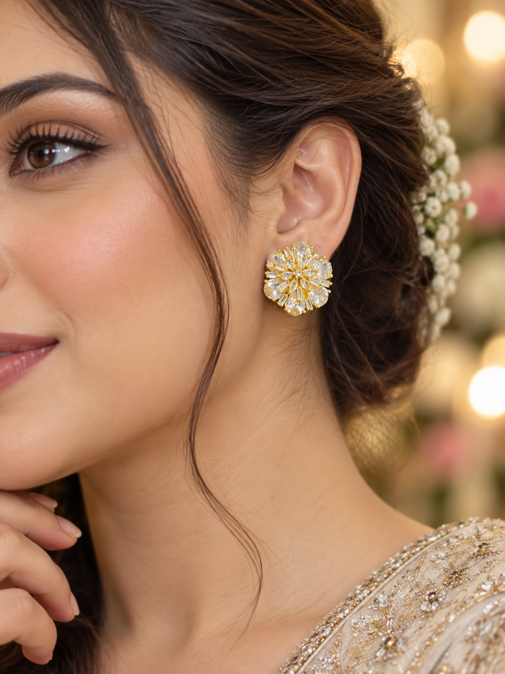 Golden Crystal Floral Stud Earrings | Luxury Statement Earrings