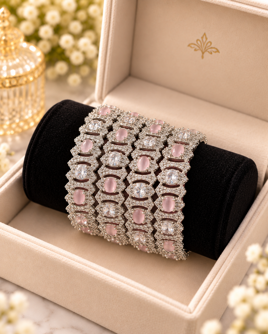 Silver and pink crystal studded bangle bracelet set in a jewellery box
