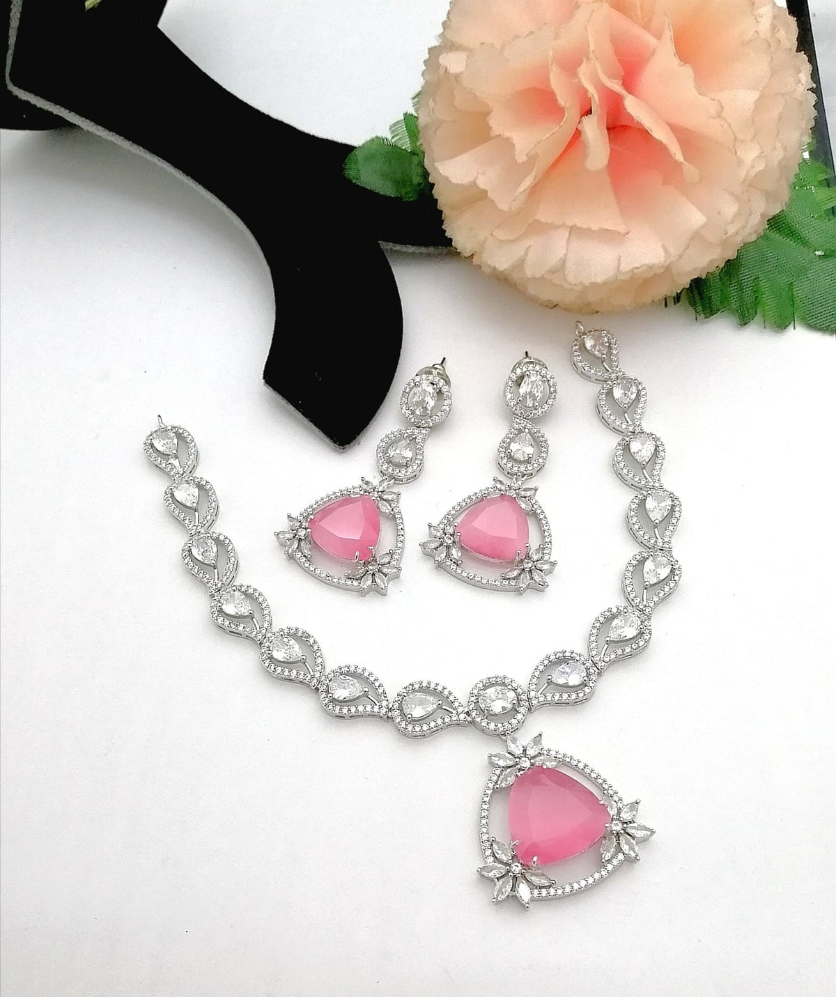 Luxury Pink Crystal Necklace & Earrings Set | Silver-Tone Statement Jewellery