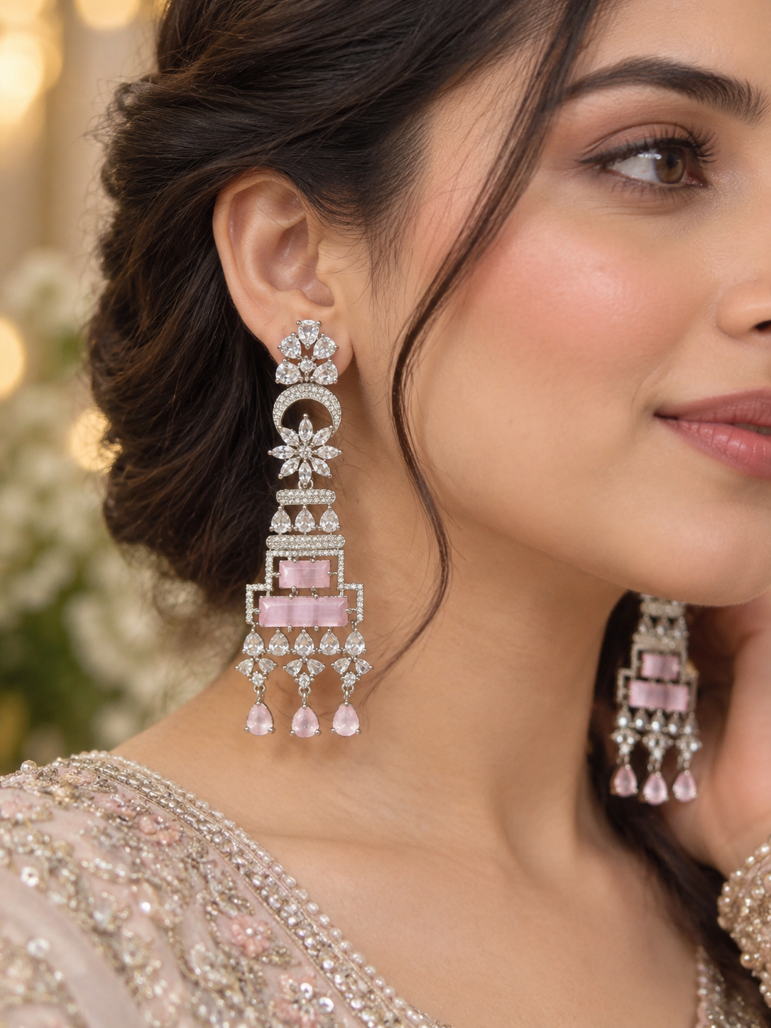 Blush Pink Crystal Chandelier Earrings | Silver-Tone Long Statement Earrings