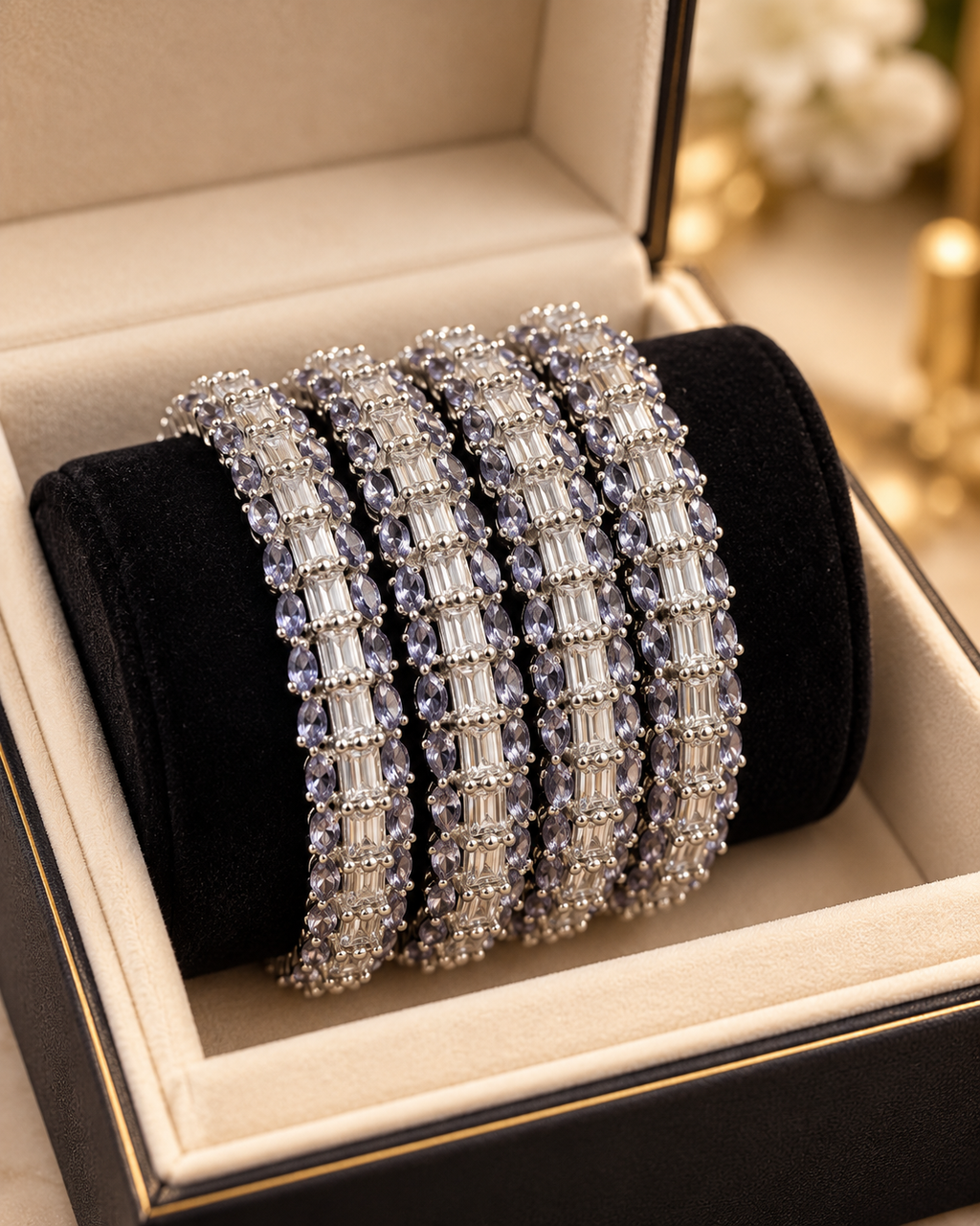 Silver and gray bangles close up