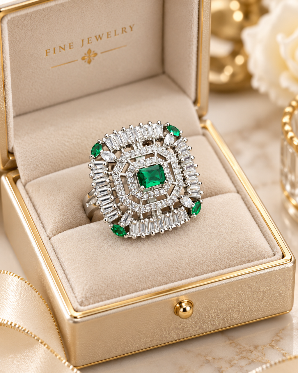 Emerald Green Crystal Statement Ring | Silver-Tone Geometric Halo Design