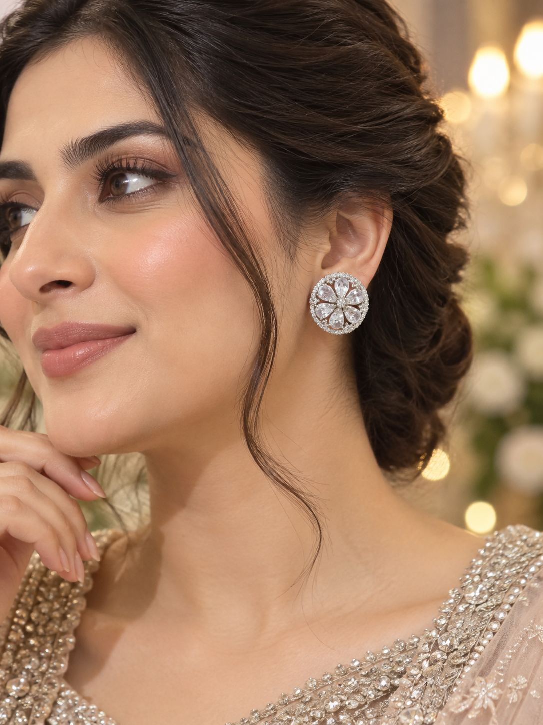 Silver Crystal Floral Stud Earrings | Round Teardrop Halo Earrings