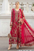 Red embroidered chiffon formal maxi with flowing dupatta