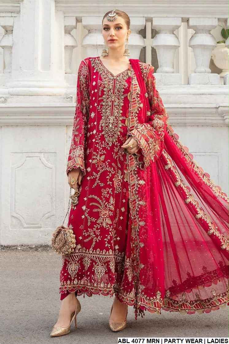 Red embroidered chiffon formal maxi with flowing dupatta