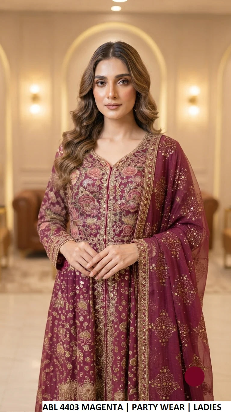 3pc Chiffon Embroidered Long Maxi Formal Dress 5264 MAGENTA