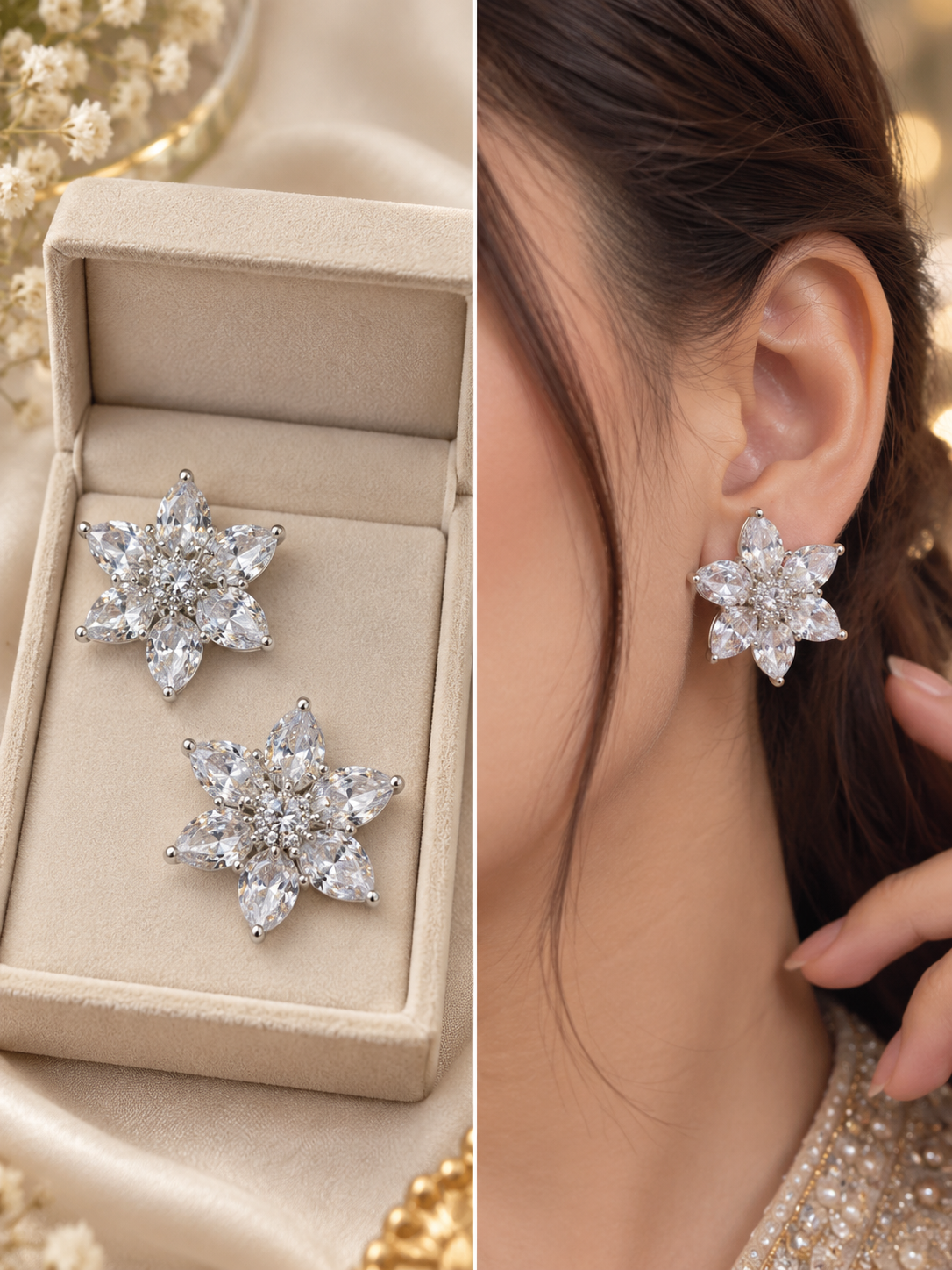 Silver Crystal Floral Stud Earrings | Luxury Marquise Flower Earrings