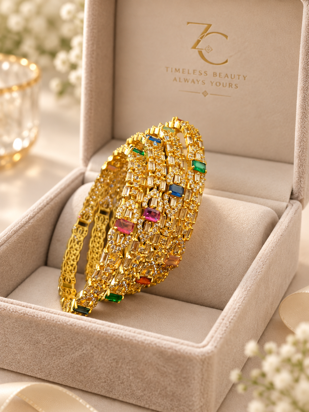 Luxury Gold-Tone Multicolour Crystal Bangles | Statement Party Wear