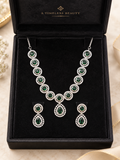 Emerald Green Halo Necklace & Earrings Set – Elegant Silver-Tone Jewellery