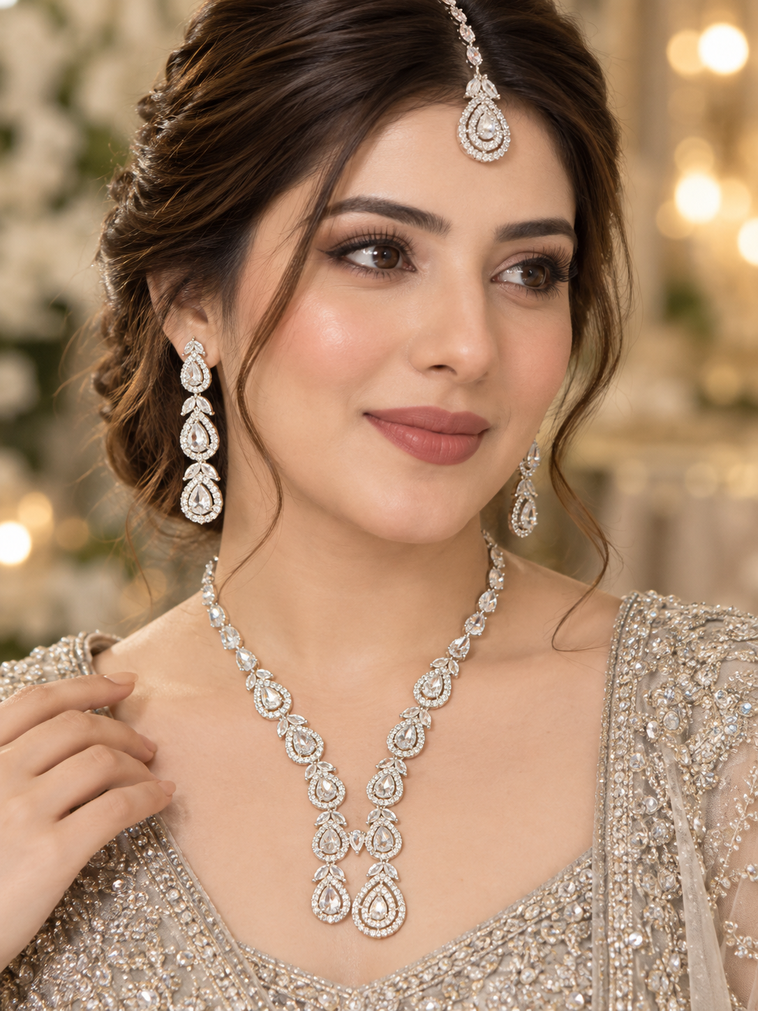 Luxury Silver Teardrop Crystal Necklace Set with Earrings & Maang Tikka