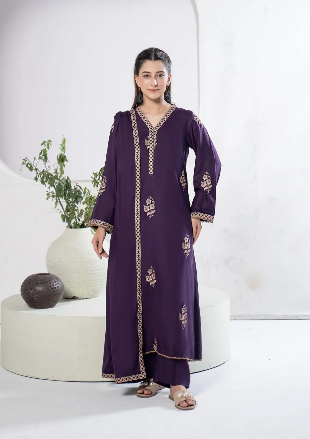 Plum embroidered shirt and shawl styling detail