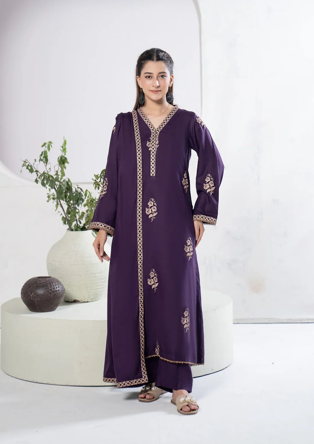 Plum embroidered shirt and shawl styling detail