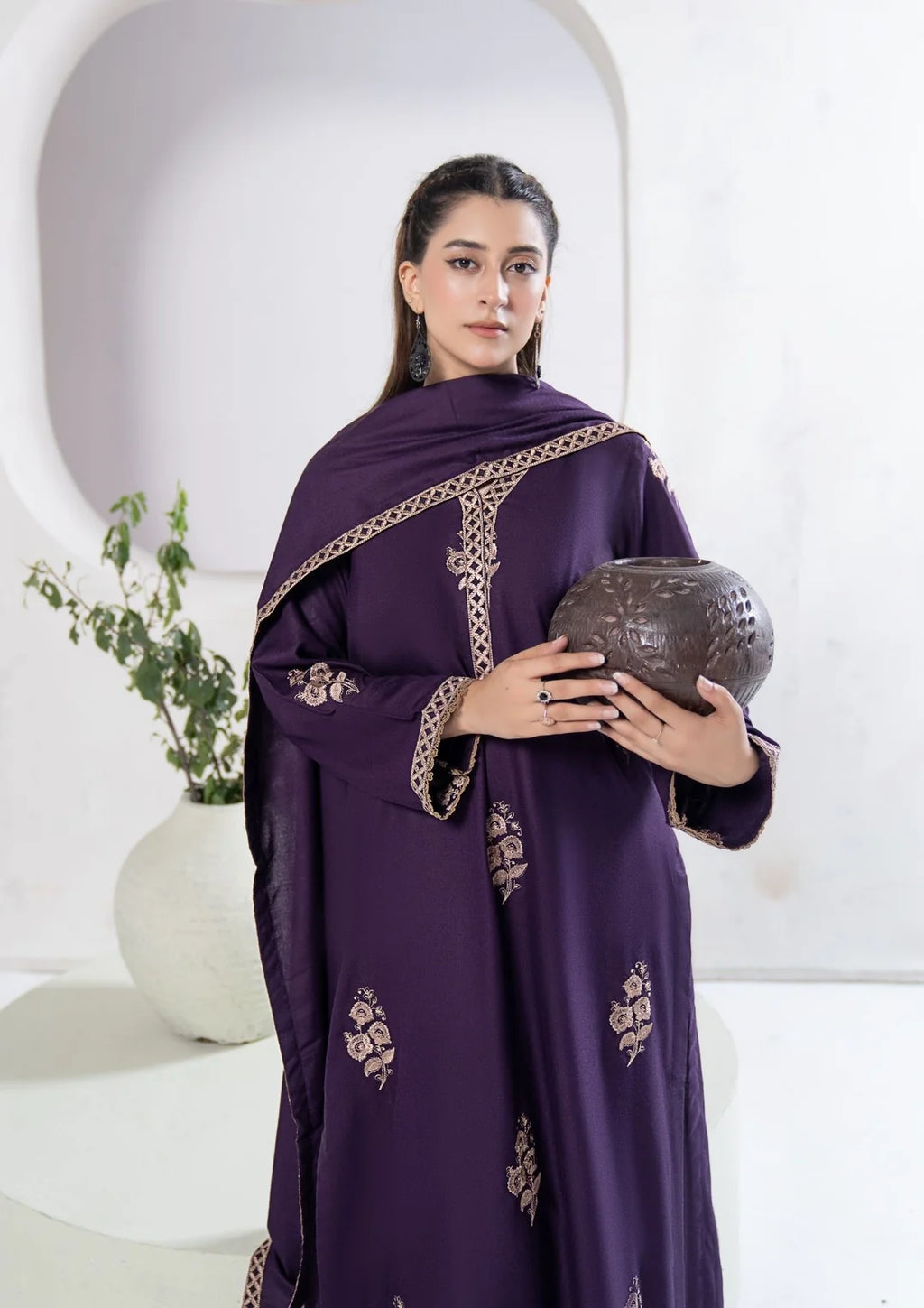 Full-length plum embroidered three-piece winter suit with matching shawl