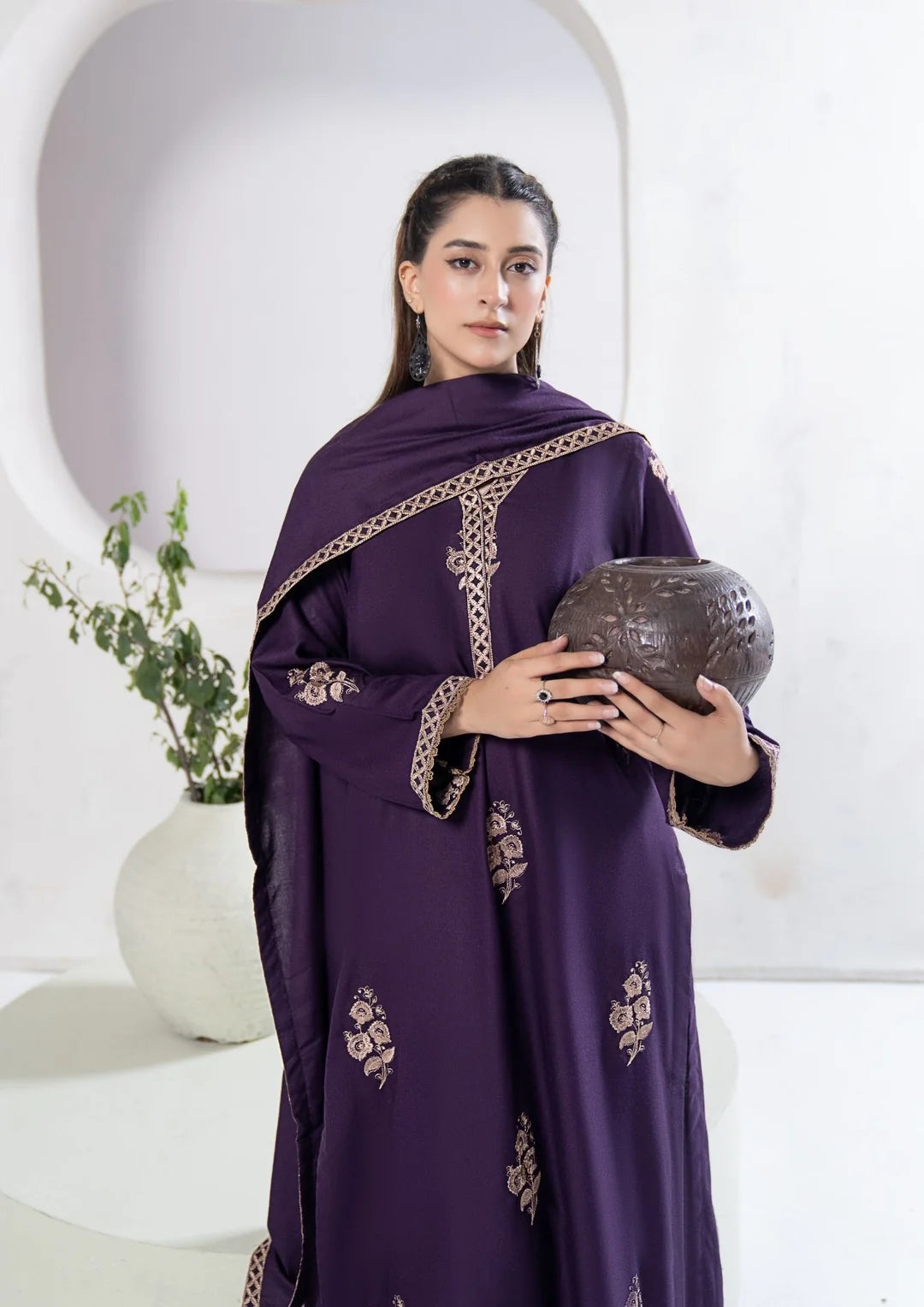 Full-length plum embroidered three-piece winter suit with matching shawl