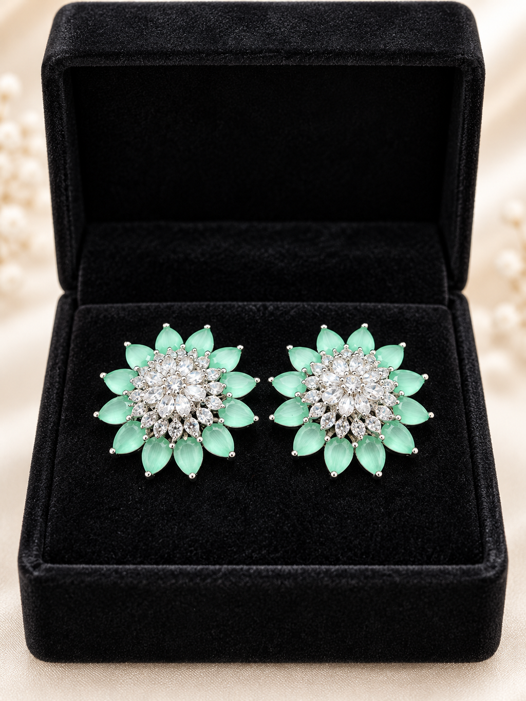 Mint Green Floral Crystal Stud Earrings | Elegant Silver-Tone Statement Earrings