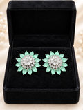 Mint Green Floral Crystal Stud Earrings | Elegant Silver-Tone Statement Earrings
