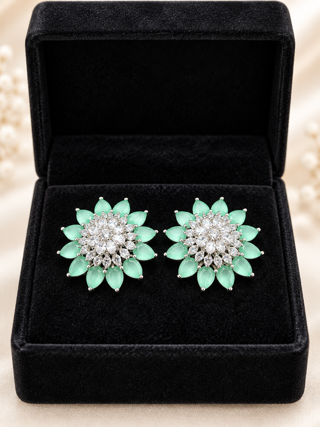 Mint Green Floral Crystal Stud Earrings | Elegant Silver-Tone Statement Earrings
