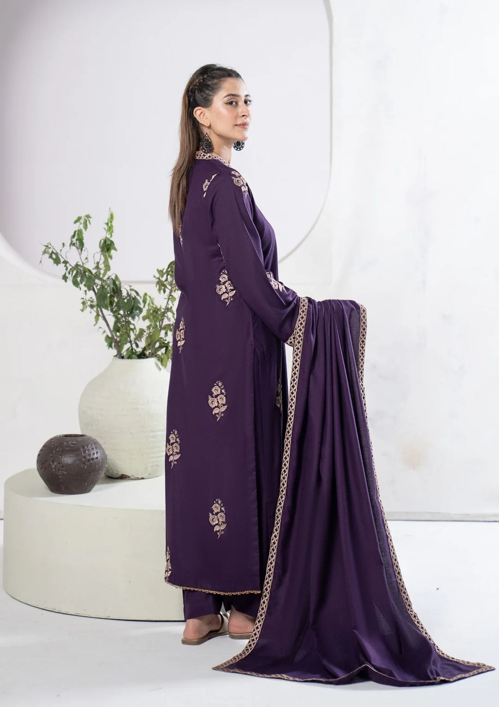 Plum shirt floral embroidery and matching trousers