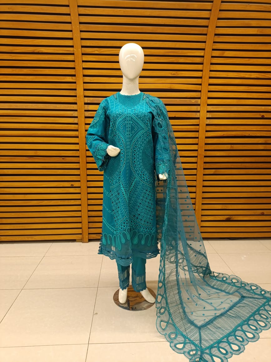 Cotton Embroidered Fully Chickankari Suit - 3pc