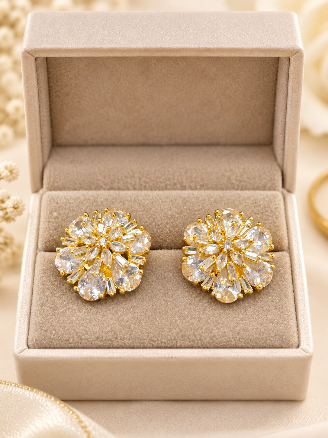 Golden Crystal Floral Stud Earrings | Luxury Statement Earrings