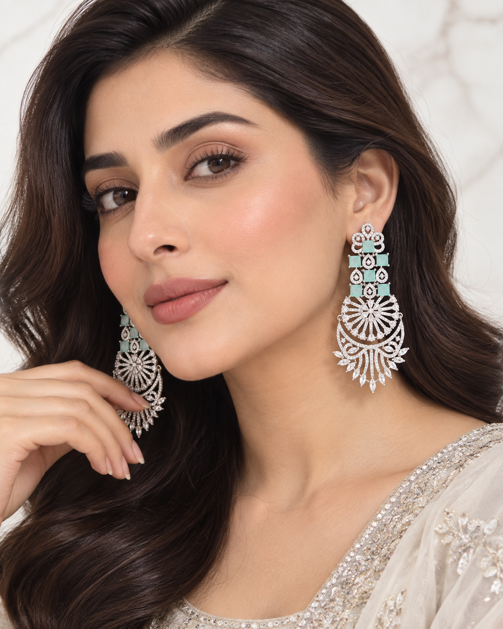 Silver Plated Crystal Baguette Long Earrings 019