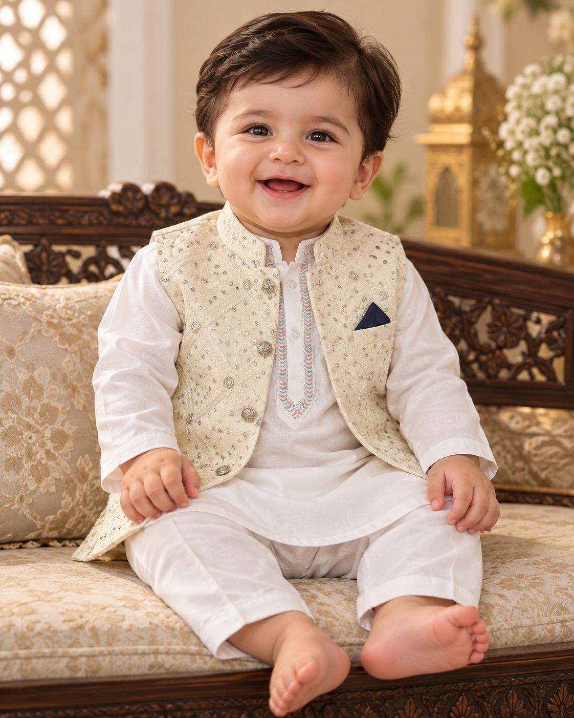 Baby wearing a cream embroidered waistcoat over a white kurta and white trousers