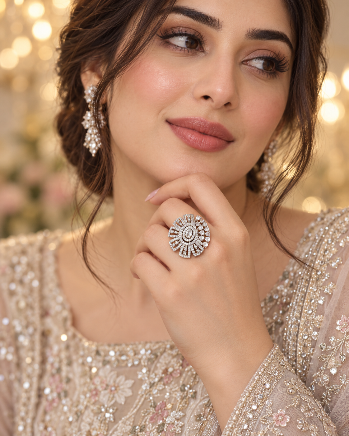 Luxury Silver Crystal Statement Ring | Oval Halo Fan Design