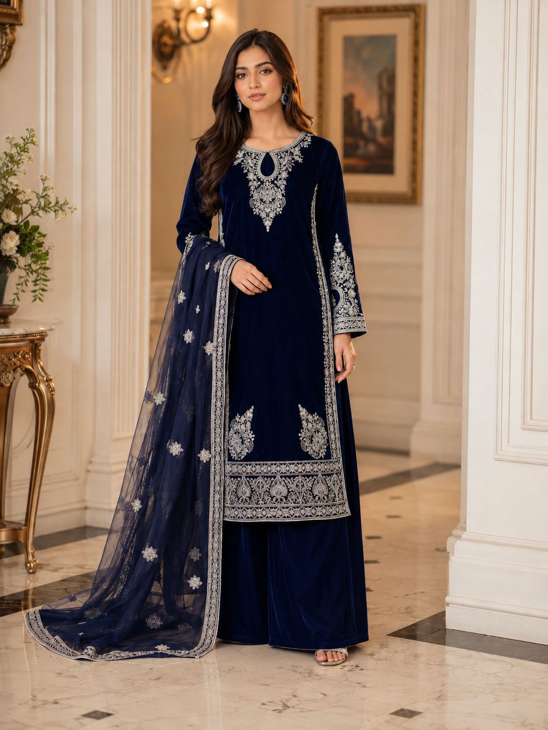 Pure Velvet 3-Piece Embroidered Suit | Thread & Sequence Work | Velvet Plazo + Chiffon Dupatta 2318