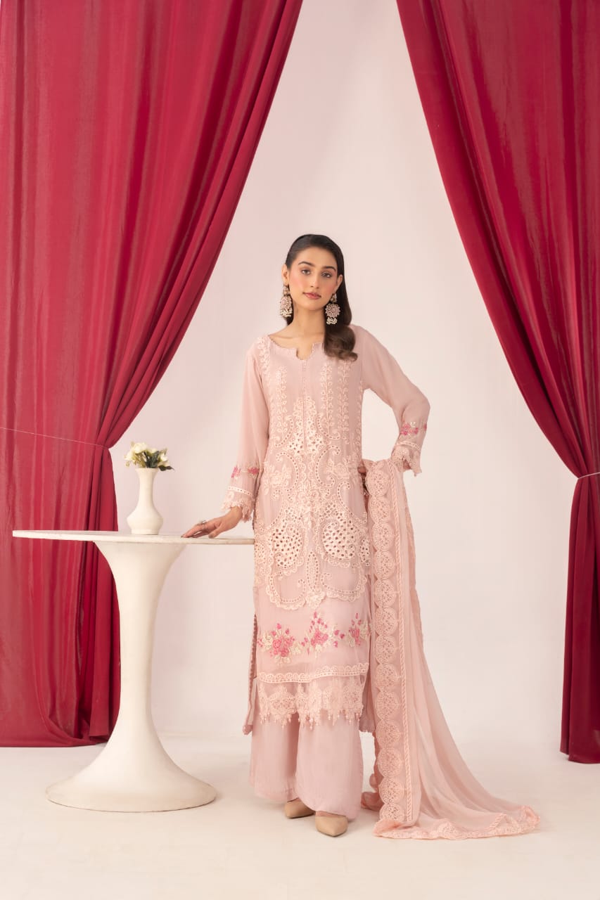 3pc Chiffon Embroidered Suit 6377 PINK